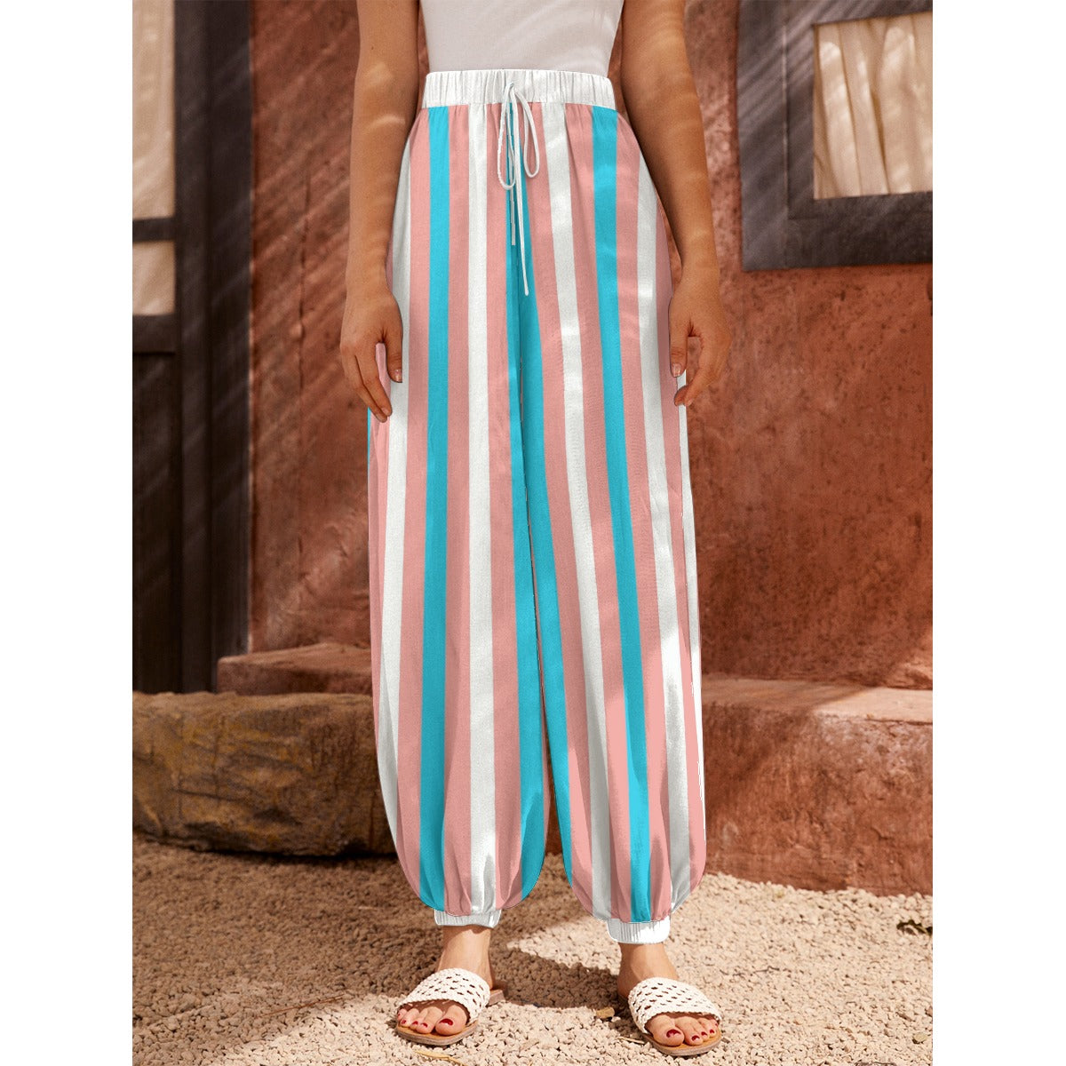 Blue Pink White All Over Pride Candy Striped Baggy Tie-Up Lounge Pants
