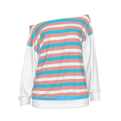 Teen - Plus Size Blue Pink White Pride Candy Striped Off-Shoulder Sweatshirt