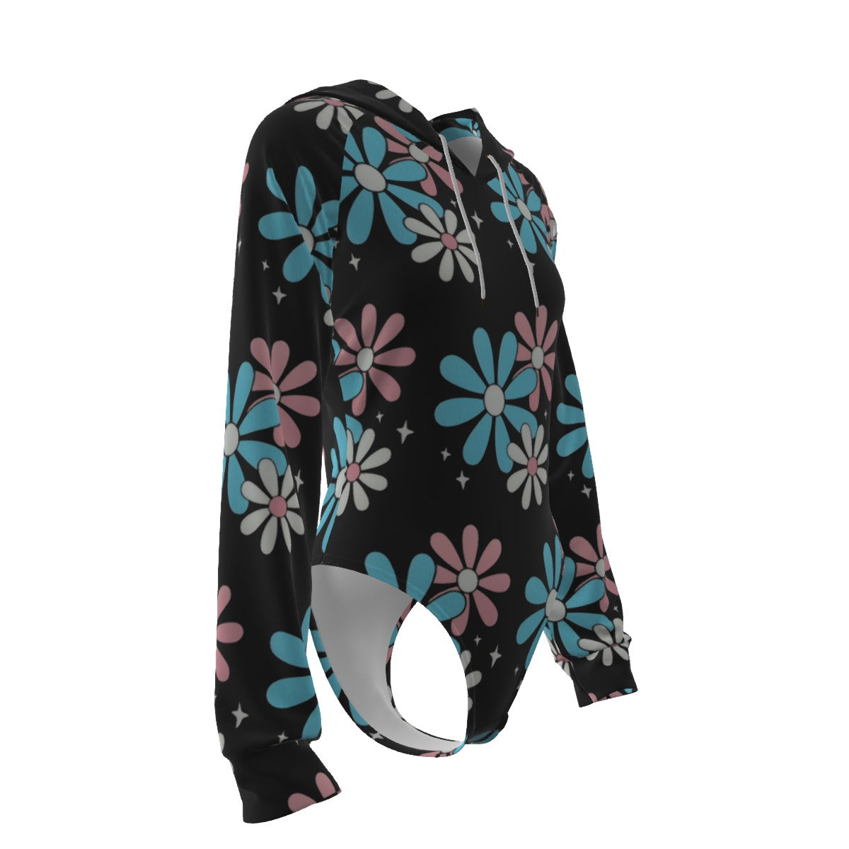 Teen Blue Pink White Big Daisies Pride Series Black Raglan Sleeve Hooded Bodysuit