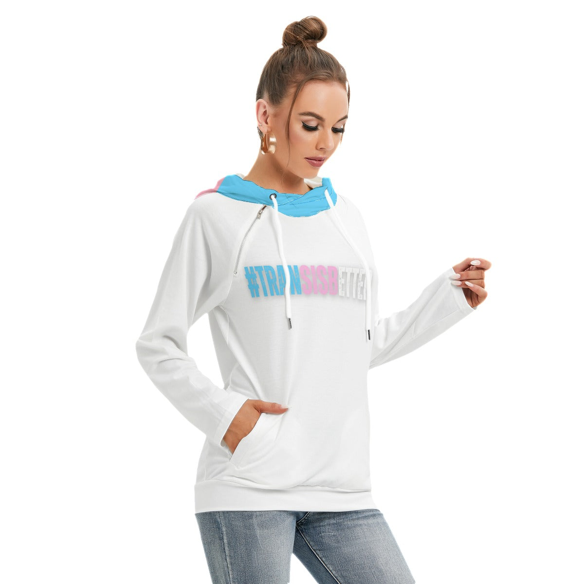 Plus Size 'TRANSISBETTER' Trans Pride White Double Hooded Hoodie