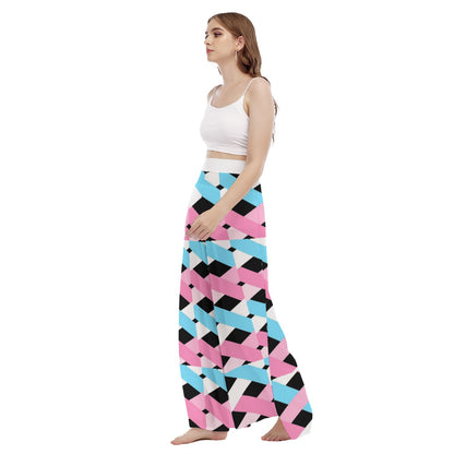 Blue Pink White Pride Lattice Black High-Waist Wide-Leg Chiffon Palazzo