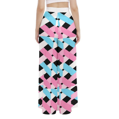 Blue Pink White Pride Lattice Black High-Waist Wide-Leg Chiffon Palazzo