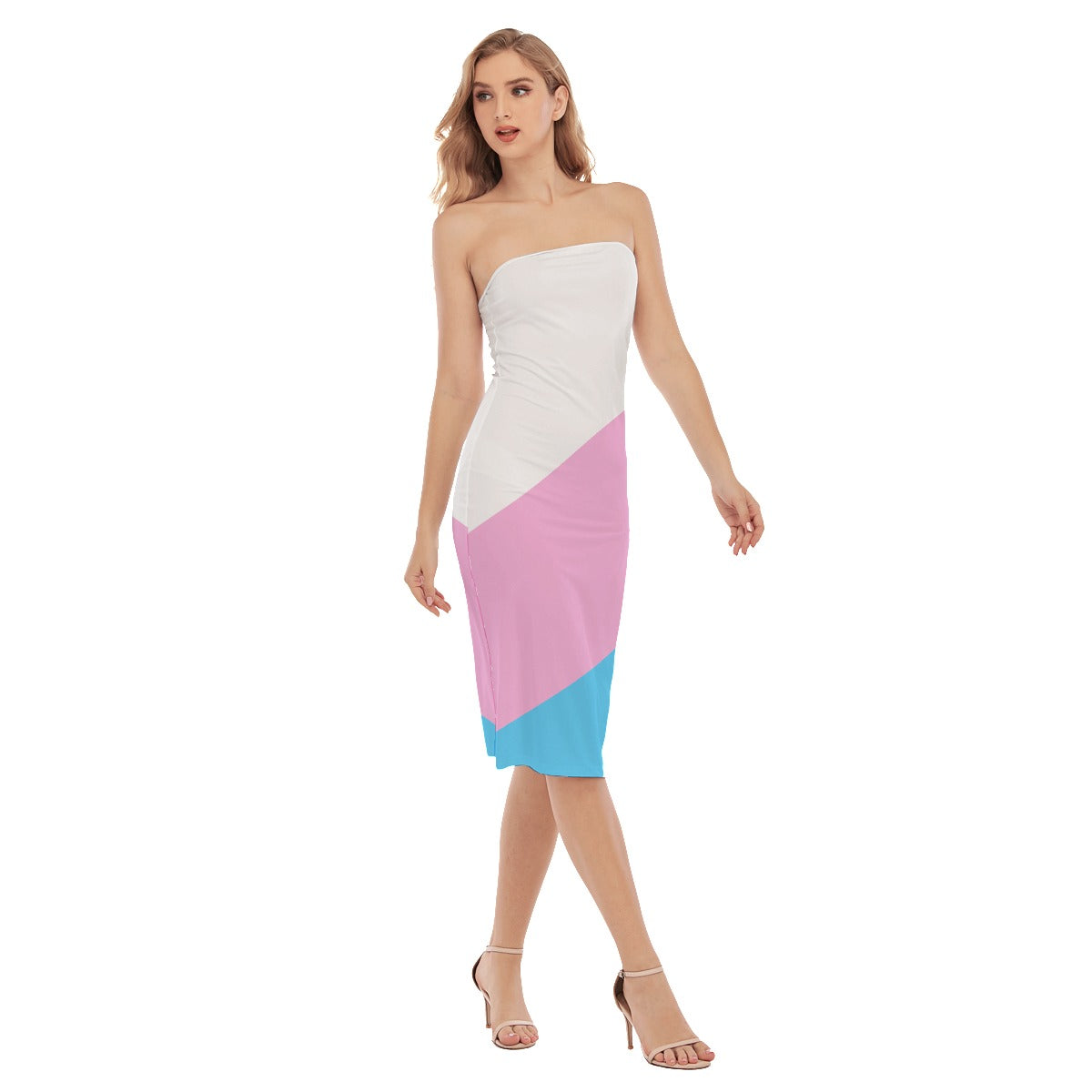 Blue Pink White All-Over Pride Sexy Body Hugging Side-Split Tube Top Dress