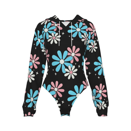 Teen Blue Pink White Big Daisies Pride Series Black Raglan Sleeve Hooded Bodysuit