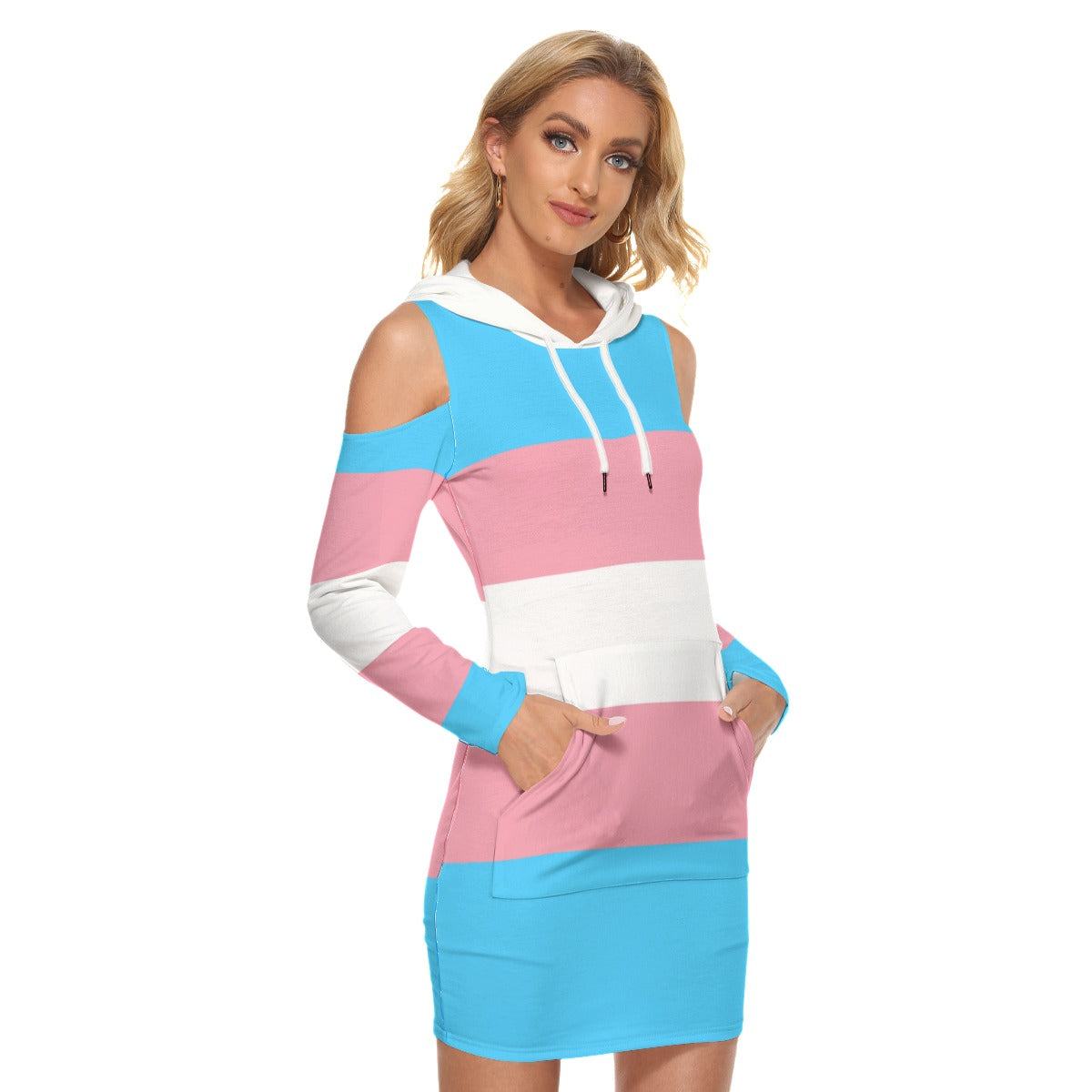 Teen Blue Pink White All-Over Pride Cold-Shoulder Hooded Dress