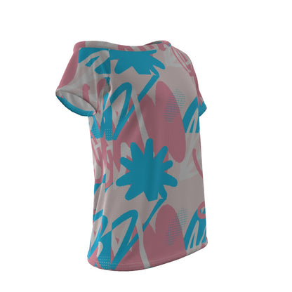 Blue Pink White All-Over Pride Doodling Off-Shoulder T-shirt