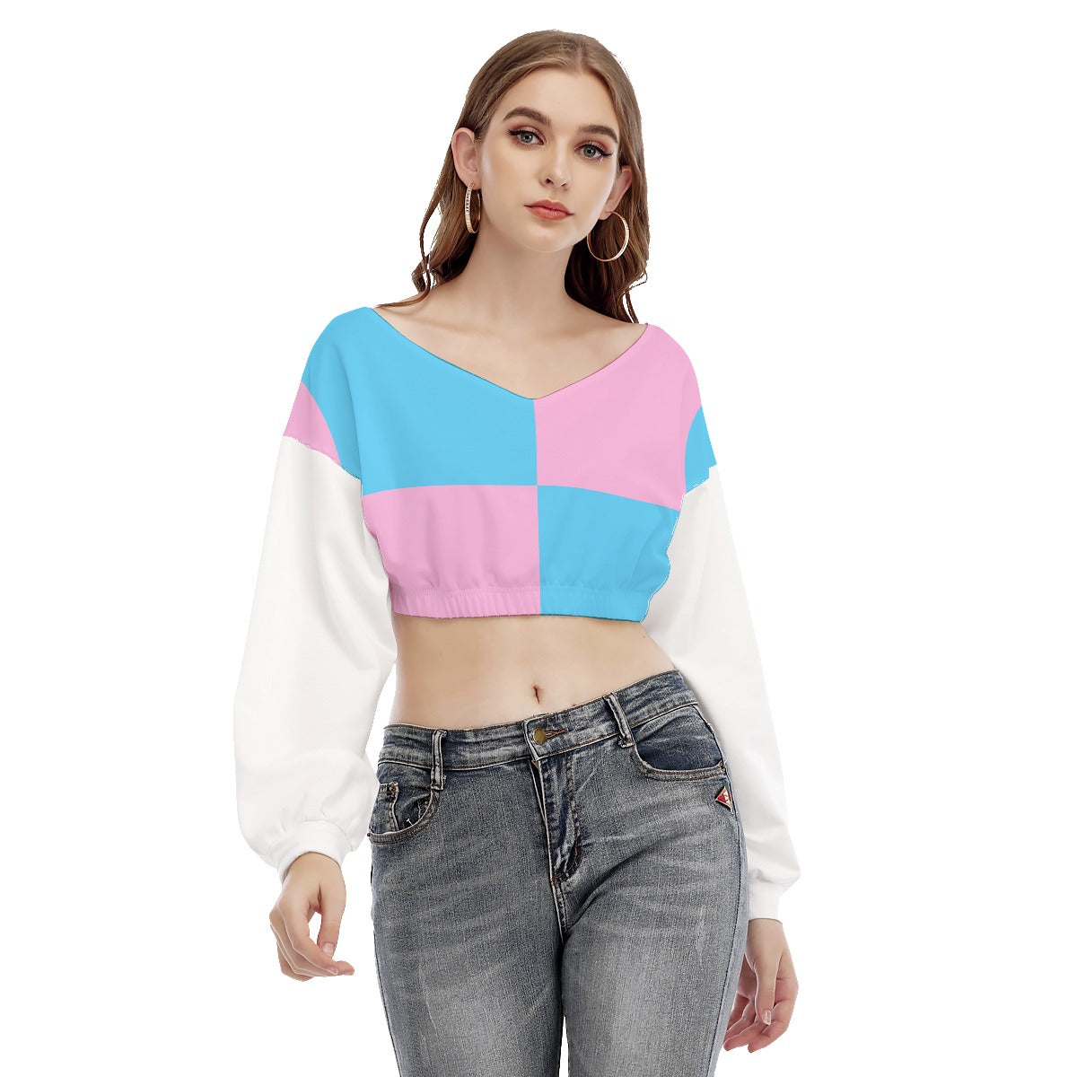 Blue Pink White Pride Harlequin Elasticated Cropped Sweatshirt