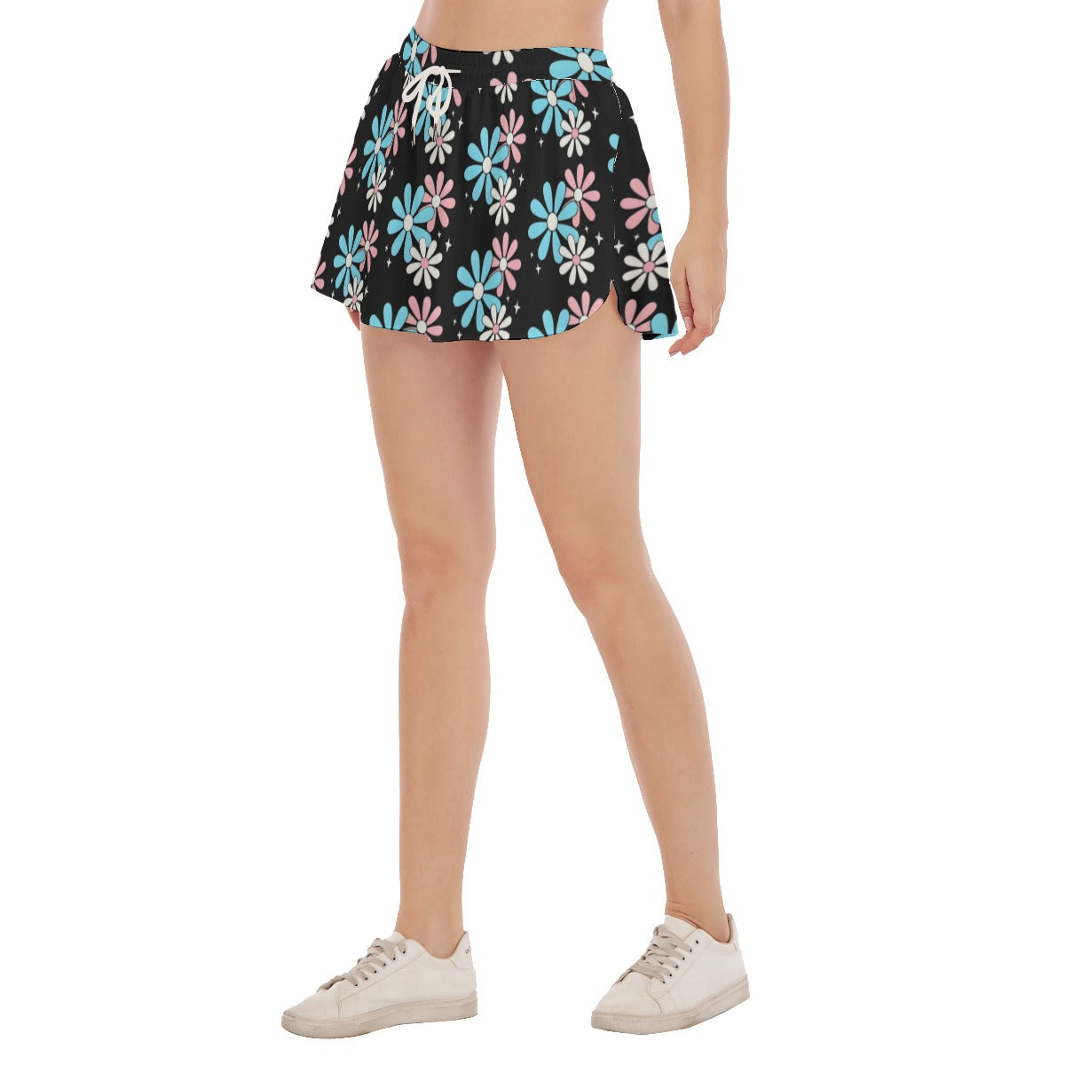 Blue Pink White All Over Big Daisies Black Sports Exercise Skort