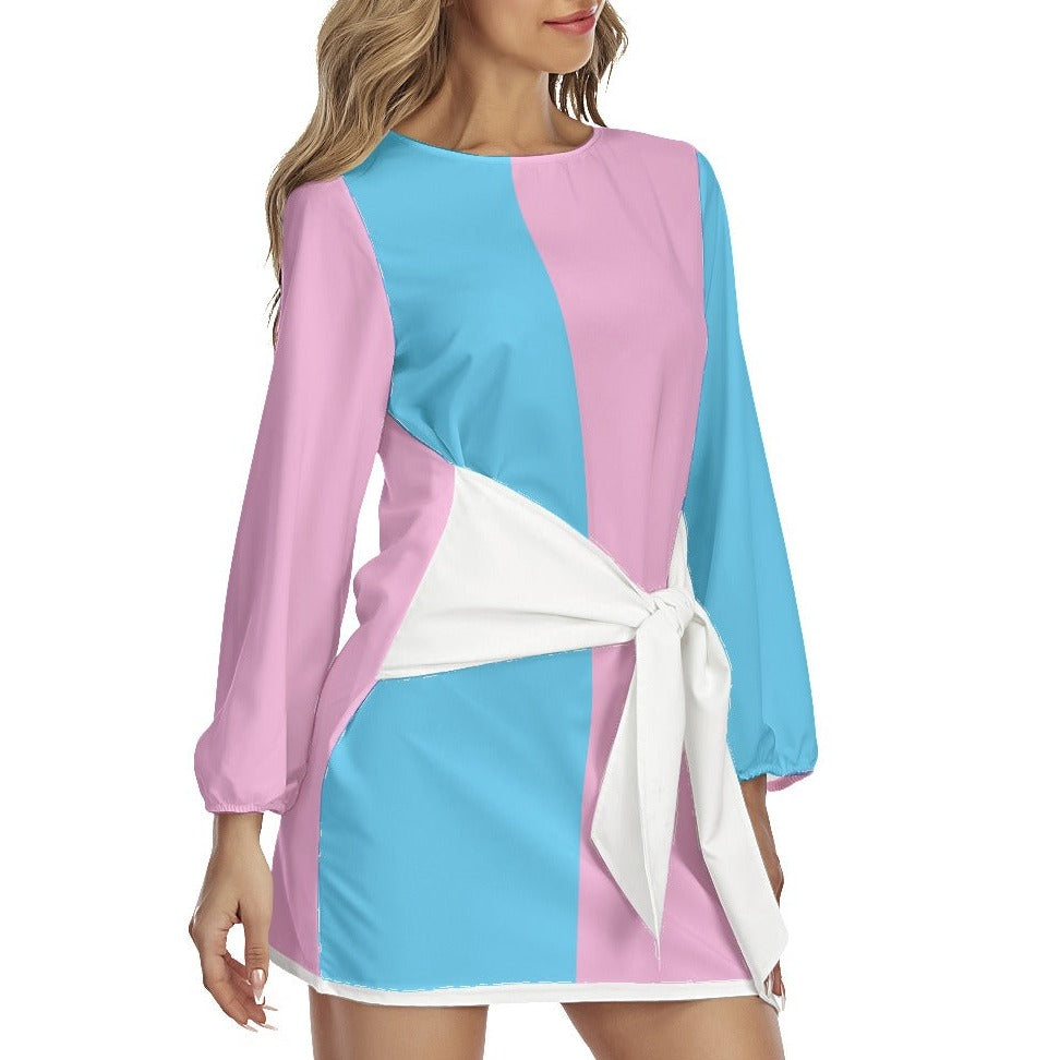 Blue Pink White Paris Pride Loose-Fitting Lantern-Sleeve Dress