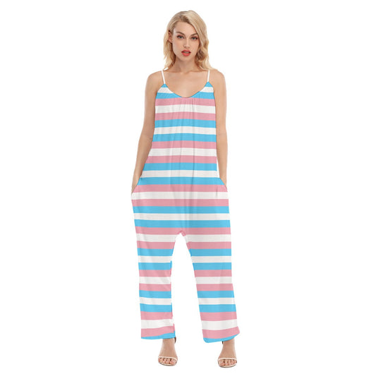 Trans Coloured Pride Ribbon Cami-Strapped Loose Baggy Jumpsuit