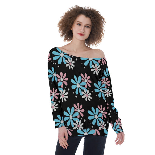 Teen - Plus Size Blue Pink White Big Daisies Series Pride Off-Shoulder Sweatshirt