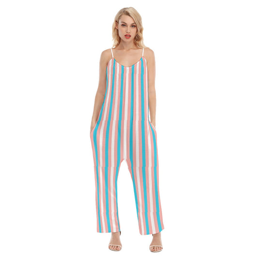 Trans Coloured Pride Candy Striped Cami-Strapped Loose Baggy Jumpsuit