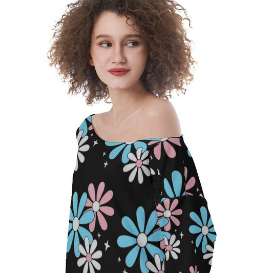 Teen - Plus Size Blue Pink White Big Daisies Series Pride Off-Shoulder Sweatshirt