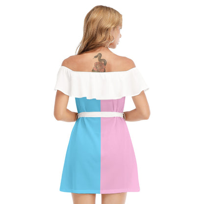 Blue Pink White Paris Pride Chiffon Off-Shoulder Dress