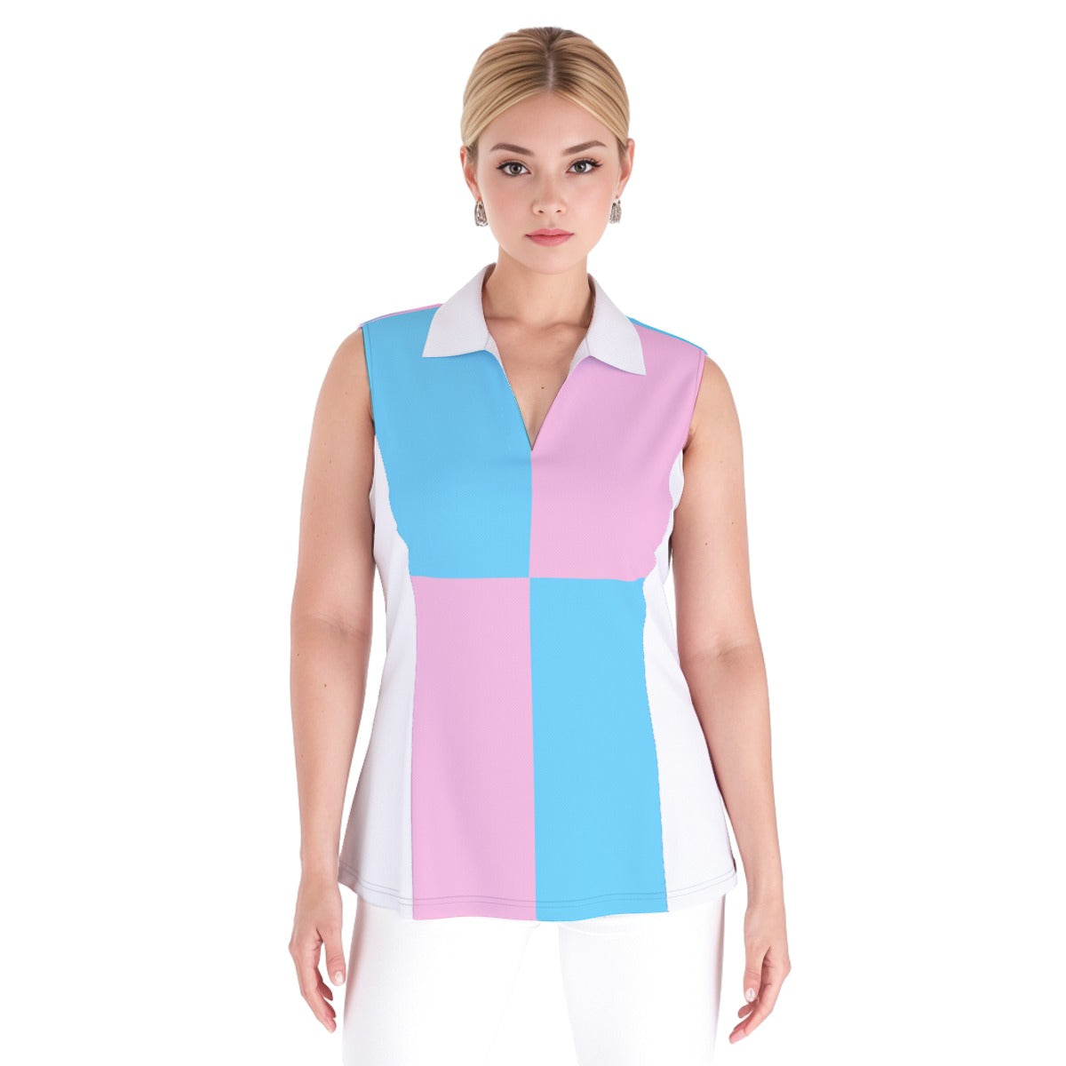 Plus Size Blue Pink White Pride Harlequin Casual V-Neck Sleeveless Shirt