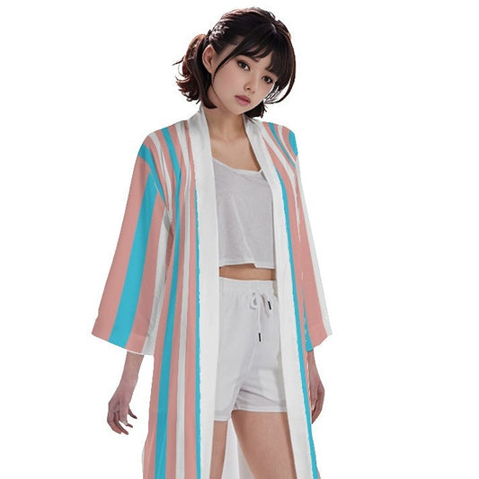 Teen Blue Pink White Pride Candy Striped Long Satin Kimono Robe