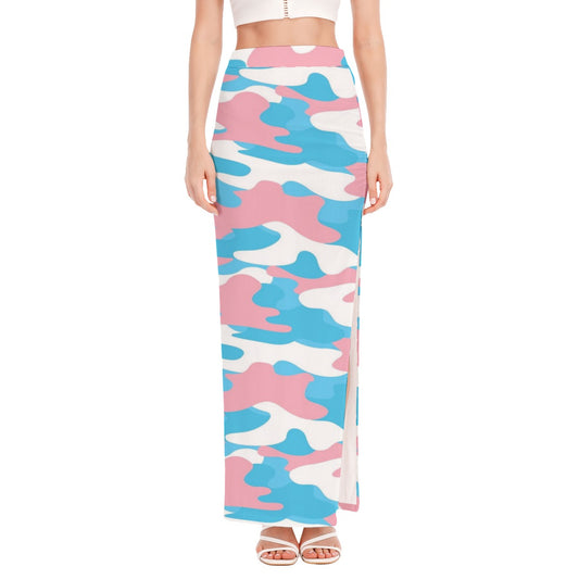 Blue Pink White Trans Pride Camouflage Hip-Hugging Side-Slit Long Skirt