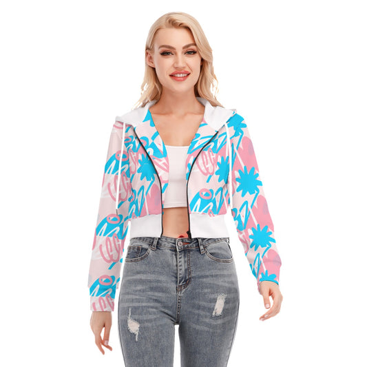 Teen Blue Pink White Pride Doodled Cropped Hooded Jacket