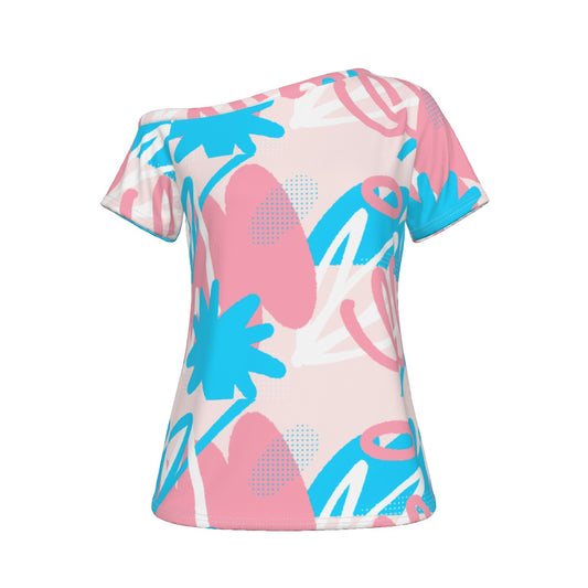 Blue Pink White All-Over Pride Doodling Off-Shoulder T-shirt