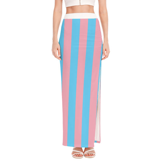 Blue Pink White Circus Striped Hip-Hugging Side-Slit Long Skirt