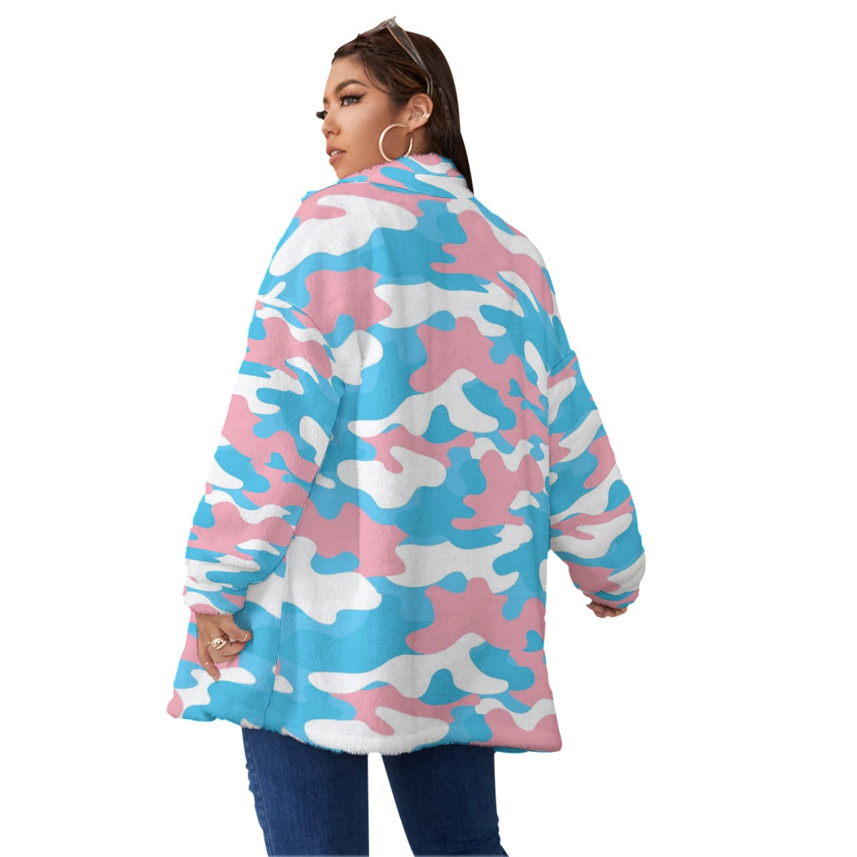 Plus Size Blue Pink White Camouflage All-Over Pride Borg Fleece Coat