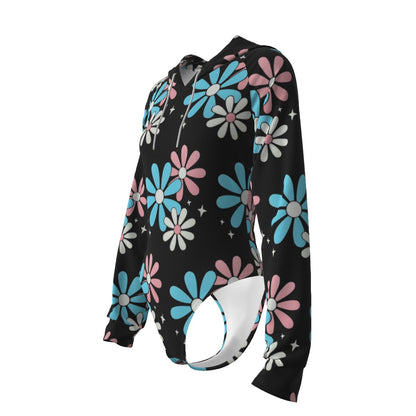 Teen Blue Pink White Big Daisies Pride Series Black Raglan Sleeve Hooded Bodysuit