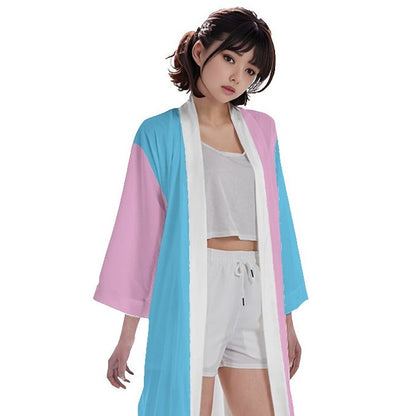 Teen Blue Pink White Vive l'Paris Pride Long Satin Kimono Robe