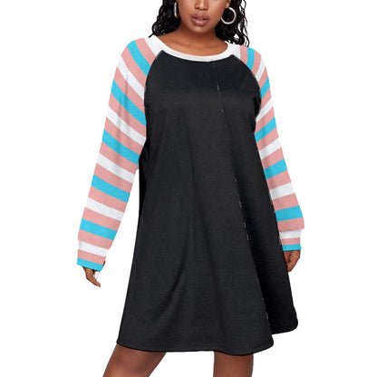 Plus Size Blue Pink White Pride Candy Stripe Sleeves Classic Round-Neck Black Dress