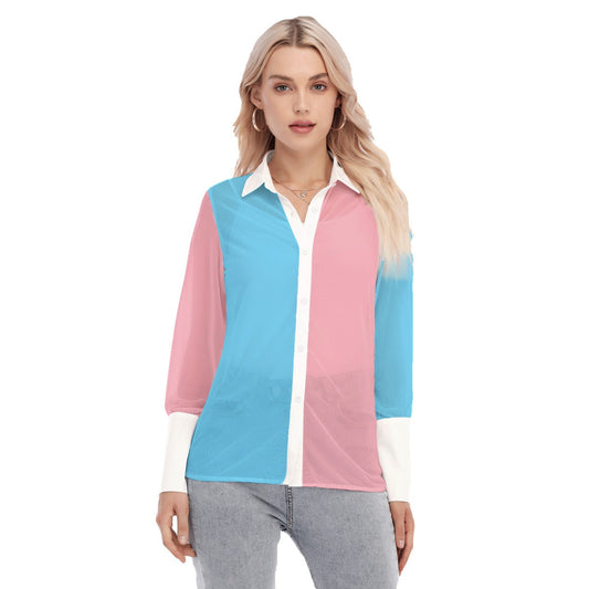 Teen to Plus Size Trans Coloured Trans Pride See-Through Deep-Cuff Blouse
