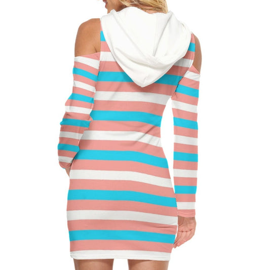 Teen Blue Pink White All-Over Pride Candy Striped Cold-Shoulder Hooded Dress