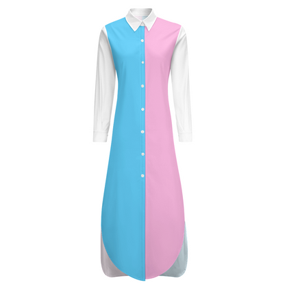 Plus Size Blue Pink White Pride Long-Sleeved Ankle-Length Buttoned Nightshirt Dress