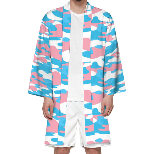 Plus Size Blue Pink White Pride Camouflage Satin Haori Boyfriend Beach Kimono