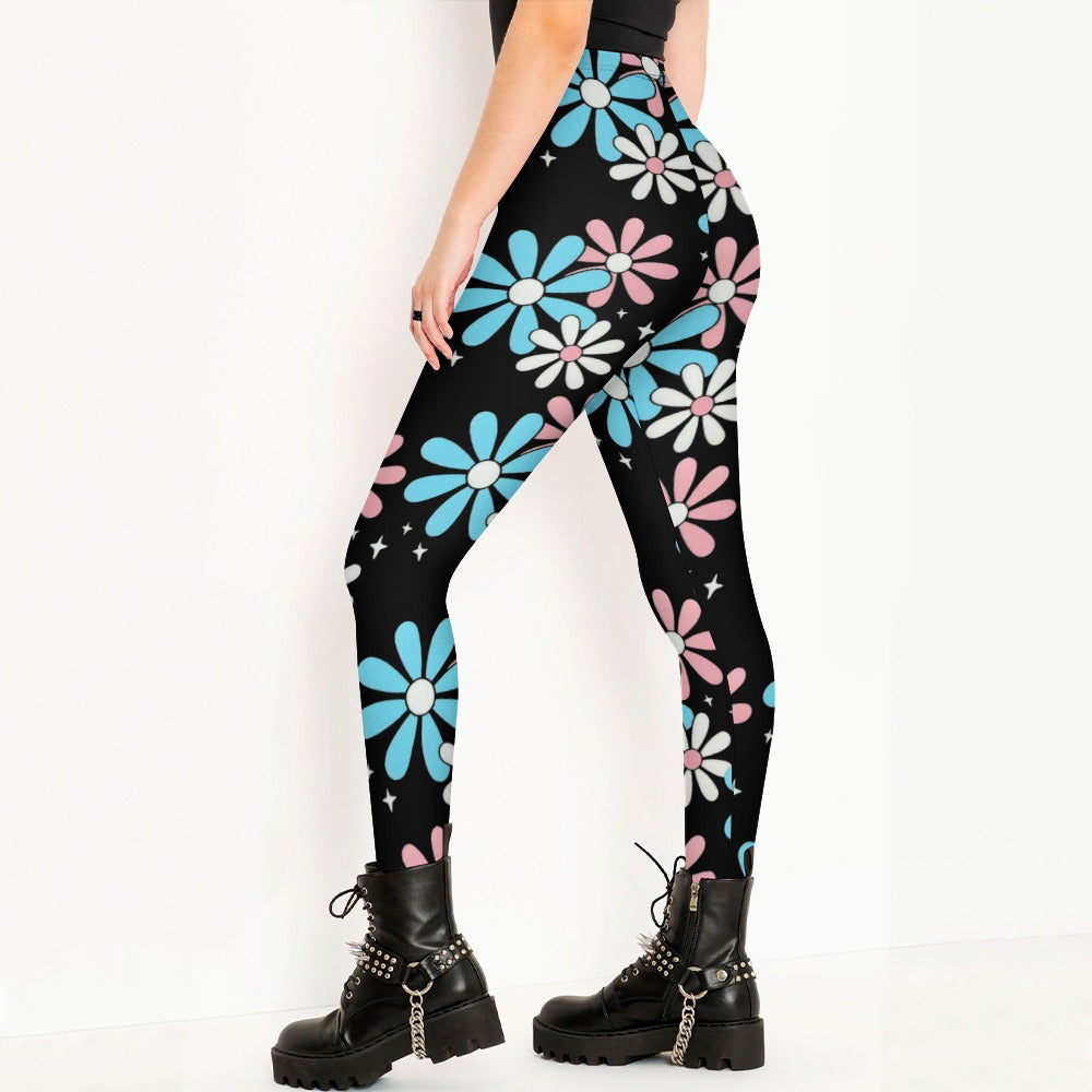 Blue Pink White Pride Daisy Series Black Casual Wear Leggings