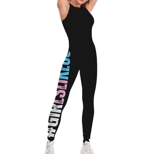 Blue Pink White 'GIRLSLIKEUS' Hashtag All Over Black Sleeveless Athleisure Jumpsuit