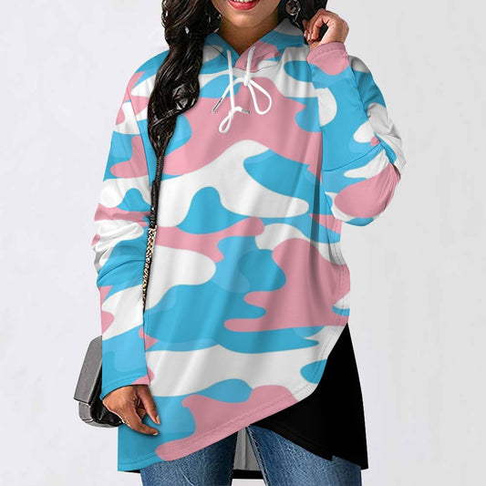 Plus Size Blue Pink White Pride Camouflage/Black Asymmetric Hooded Sweatshirt