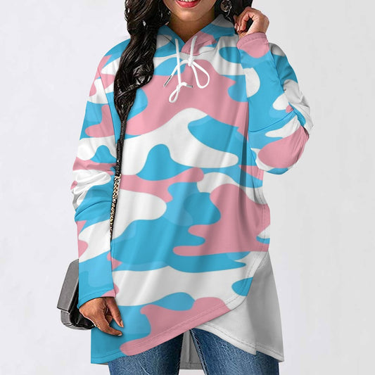 Plus Size Blue Pink White Pride Camouflage/White Asymmetric Hooded Sweatshirt