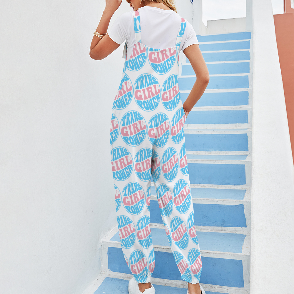 Blue Pink White All Over Pride 'TRANS GIRL POWER' White Bow-Tie Dungarees