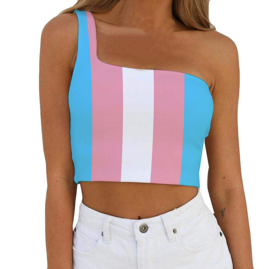 Blue Pink White All-Over Pride One-Shoulder Yoga Fitness Cropped Tank