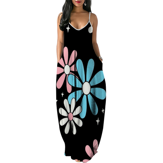 Plus Size Blue Pink White Big Daisies Series Pride Black Loose Sleeveless Beach Dress