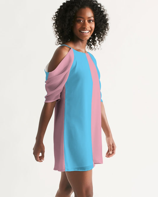 Pink/Blue Women's Open Shoulder A-Line Dress