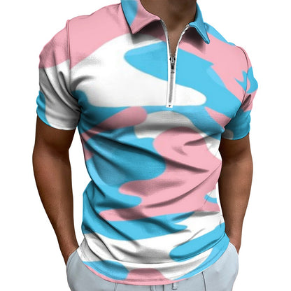 Plus Size Blue Pink White All Over Pride Camouflage Half-Zip Boyfriend Polo