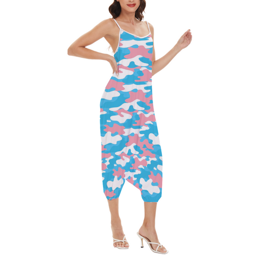 Plus Size Blue Pink White Pride Camouflage High-Waisted Straight-Leg Camisole Jumpsuit