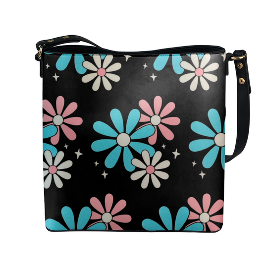 Blue Pink White Big Daisies Series Black Large Vegan Leather Crossbody Bag