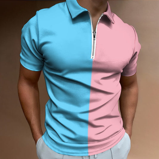 Plus Size Blue Pink White All Over Vive l'Paris Pride Half-Zip Boyfriend Polo