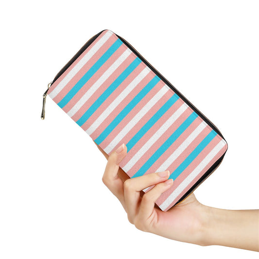 Blue Pink White Pride Candystriped Vegan Leather Long Zip Purse tunnellsCo.