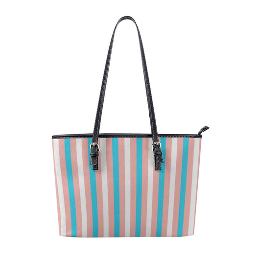 Blue Pink White Trans Candy Striped Pride Vegan Leather Shoulder Tote Bag tunnellsCo.