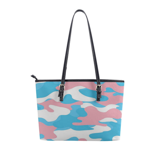 Blue Pink White Trans Pride Camouflage Vegan Leather Shoulder Tote Bag tunnellsCo.