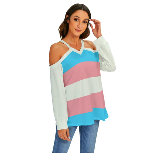 Trans Coloured Trans Pride Loose Fitting V-Neck Cold-Shoulder Casual Top tunnellsCo.
