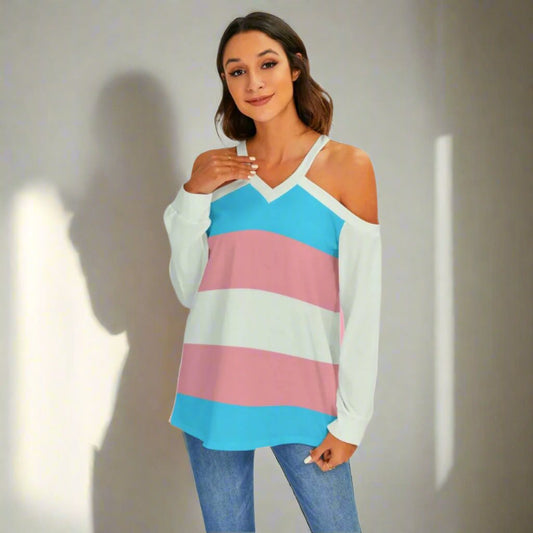 Trans Coloured Trans Pride Loose Fitting V-Neck Cold-Shoulder Casual Top tunnellsCo.