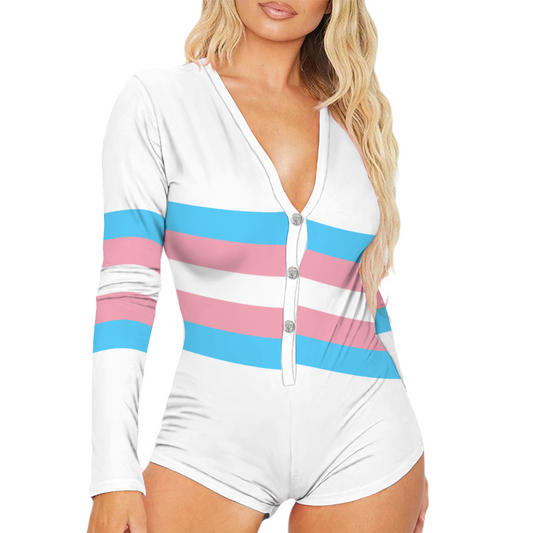 Plus Size Blue Pink White Pride Stripe Button-Up Booty Short Romper